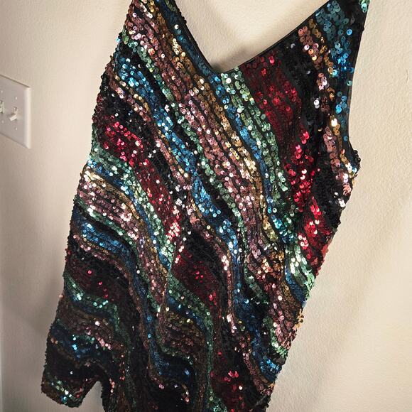 XL Multicolor Rainbow Sequin Party Dress–Black Lined Slip Dress Stretchy Sparkle - Picture 2 of 6
